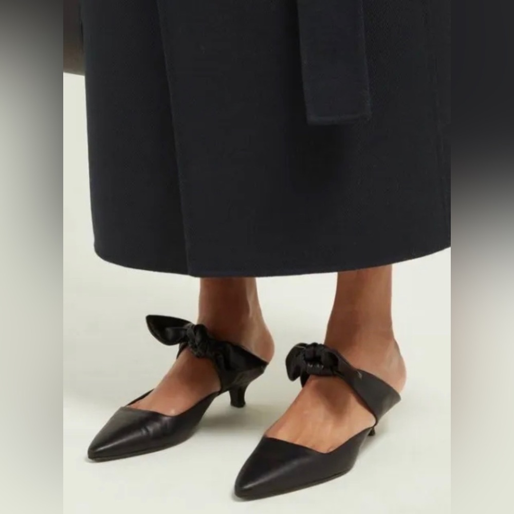 The Row “Coco” kitten heel: Black Kitten healed mules with bow front